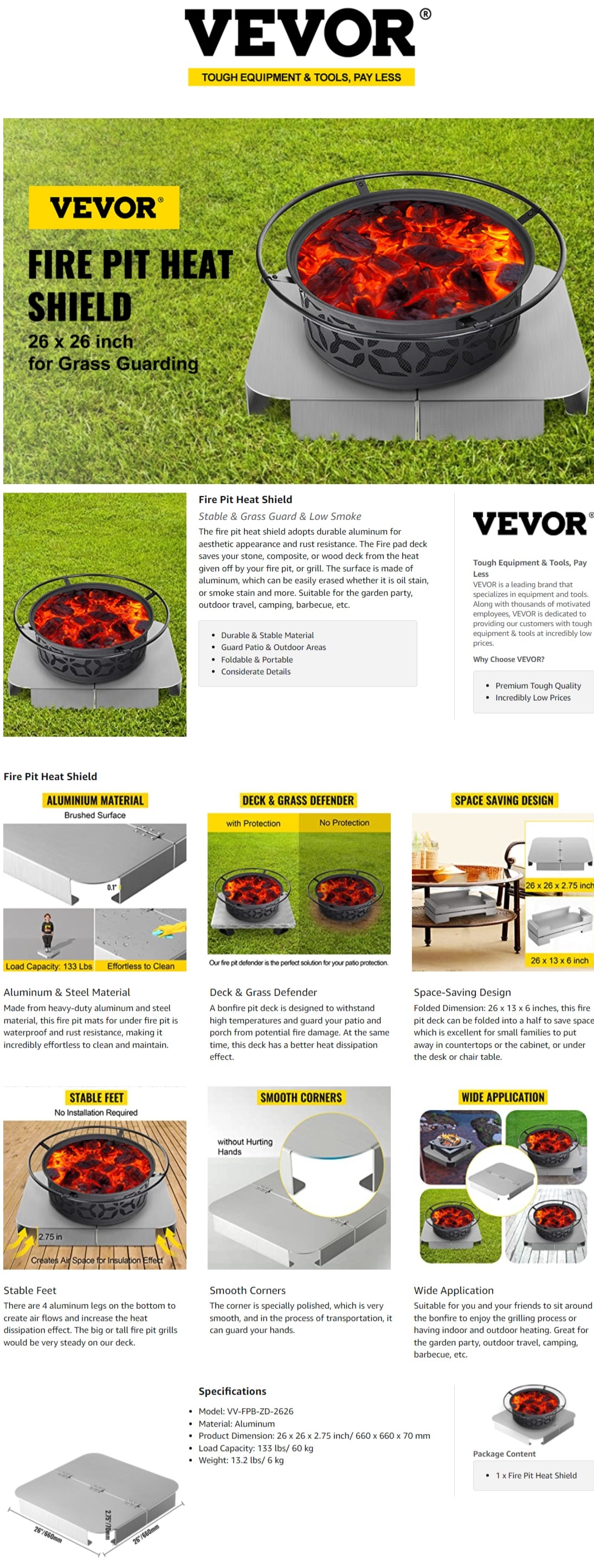 VEVOR Fire Pit Heat Shield 26 x 26 in. High Temp Aluminum Fire Pit Heat